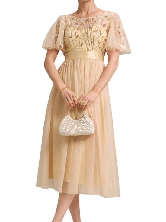 Dresses & Skirts - Elegant Cream Tulle Midi Dress with Sequin Bodice